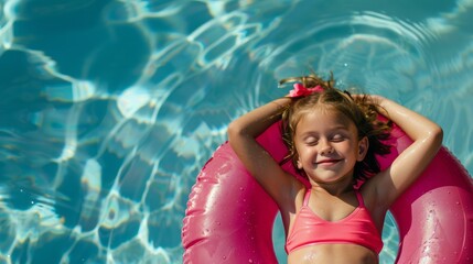 Wall Mural - A girl about 10 years old swims in a blue pool with an inflatable circle on a hot summer day. Children's summer holiday concept, entertainment