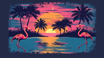 Wall Mural - Tropical sunset with flamingos and palm trees in retro style. Perfect for tees, phone cases, tattoos, posters, home decor, and ads.