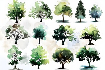 Ethereal Watercolor Tree Collection Set with Grungy Aquarelle Textures on Soothing White Background
