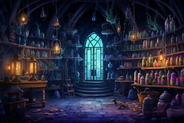 Wall Mural - A background of a witch’s potion room filled with bubbling cauldrons, shelves of spell books, potion bottles, and eerie green lighting, magical and spooky