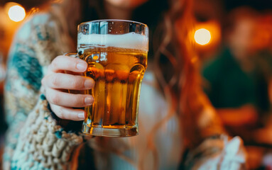 Wall Mural - Cheers to Good Times: A Woman Holding a Glass of Beer at the Bar, Enjoying Relaxation and Socializing in a Lively Atmosphere.