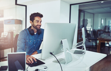 Poster - Smile, computer and business man in office for planning, reading email or network online in creative startup. Pc, programmer and coding software for information technology, internet or cyber security