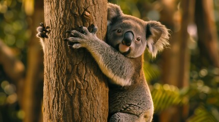 Closeup of an adorable koala bear climbing up the tree trunk, holding on to its paws with one hand and smiling at camera, National Geographic style photo