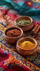 Poster - A close-up view of traditional Moroccan spices in clay bowls arranged on a vibrant fabric background. Generative AI