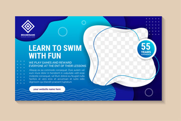 Poster - Children Swimming Lessons. learn to swim with fun background. Vector Illustration in horizontal layout. Poster, Banner, Flyer, Template. social media post. promotion poster. Coaching. papercut concept