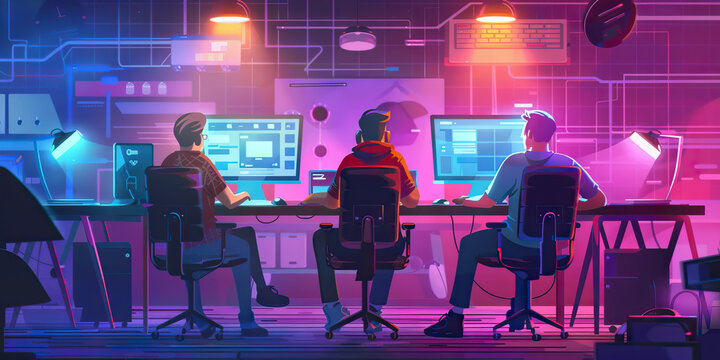 Creating Together: The Collaborative Spirit of a Family of Game Developers - An image depicting a family working together in a creative studio, each member contributing their unique skills and ideas t