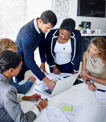 Leinwandbilder - Business people, accountants and finance meeting in office with laptop and paperwork for erp or sales report. Corporate group, budget plan and accounting in conference room for discussion and growth