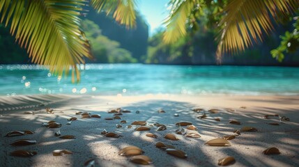 Beautiful wide panorama of a paradise beach with golden sand and palm leaves in blur