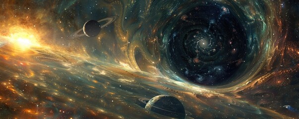 Stunning cosmic landscape with planets and black hole