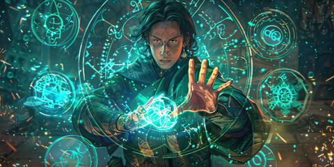 Arcane Symbols: The Wizard's Craft of Rune-Casting - An illustration showing a wizard surrounded by glowing runes, their hands moving with precision as they cast powerful spells through runic magic