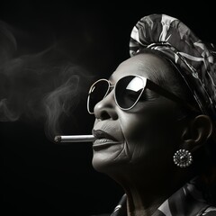 An elegant elderly woman with a cigarette, stylish sunglasses, and a chic headscarf exudes confidence and poise in this sophisticated portrait against a dark background