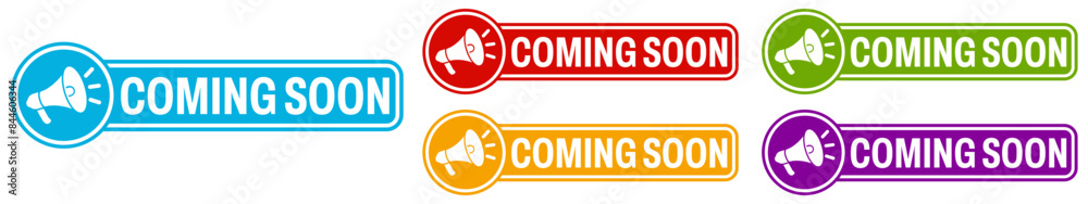 Program Coming Soon Sign set trendy colorful coming soon labels icon. coming soon sign social ...