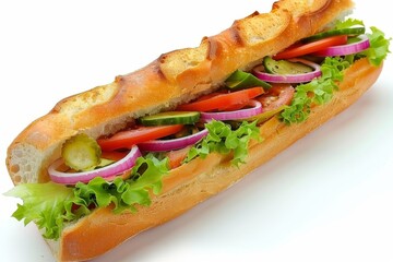 Wall Mural - Tasty baguette sandwich filled with fresh vegetables, lettuce, and tomato, ideal for a healthy and delicious lunch, food photography, colorful and vibrant presentation