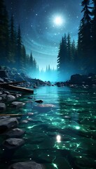 Wall Mural - Fantastic night landscape with a lake in the woods. Night landscape with a lake in the forest.