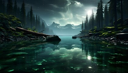 Wall Mural - Fantasy landscape with lake and mountains in the background. 3D illustration