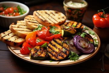 Satisfying Tasty dish of grilled vegetables and baked bread. Meal slice food cuisine gourmet. Generate Ai