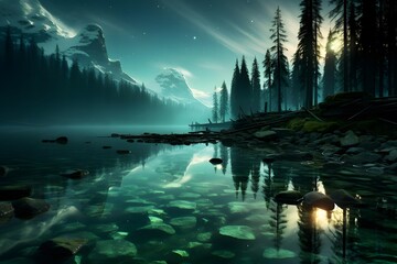 Wall Mural - Fantasy landscape with a lake and a forest in the background.