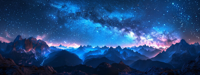 Wall Mural - beautiful blue starry sky at mountains. night colorful landscape. starry sky with hills at summer. b