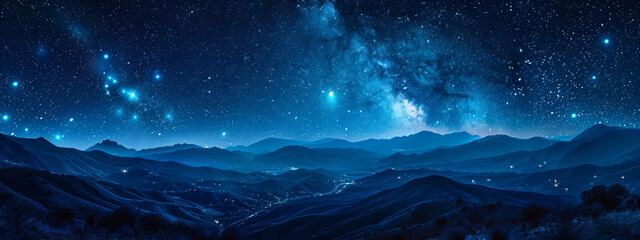 Wall Mural - beautiful blue starry sky at mountains. night colorful landscape. starry sky with hills at summer. b