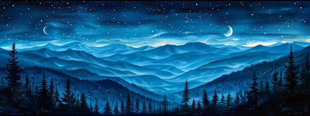 Wall Mural - beautiful blue starry sky at mountains. night colorful landscape. starry sky with hills at summer. b