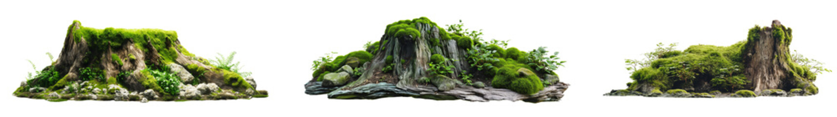 Poster - old tree stump with moss and plants growing isolated on transparent or white background