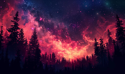 Wall Mural - starry night above the forest showing the milky way, colorful pink purple milky way galaxy backgroun