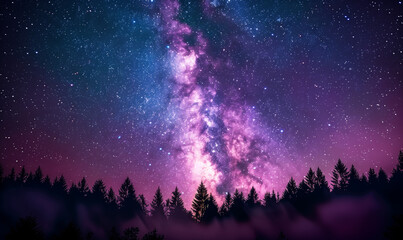 Wall Mural - starry night above the forest showing the milky way, colorful pink purple milky way galaxy backgroun