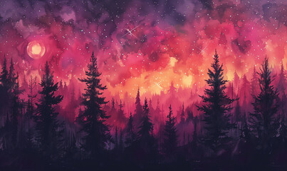 Wall Mural - starry clear night sky. mixed media, silhouette trees against sky at night with colorful galaxy in b