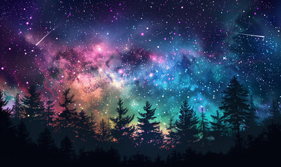 Wall Mural - starry clear night sky. mixed media, silhouette trees against sky at night with colorful galaxy in b