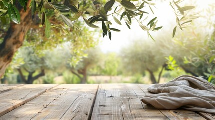 Wall Mural - Natural wooden table and organic cloth with olive tree plant. Product placement mockup design background. Outdoor tropical summer