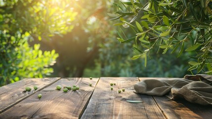 Wall Mural - Natural wooden table and organic cloth with olive tree plant. Product placement mockup design background. Outdoor tropical summer