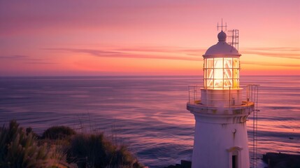 Poster - An old lighthouse overlooks the sea at sunset, its light glowing as the sky turns pink and orange.