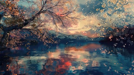 Wall Mural - sunset over lake