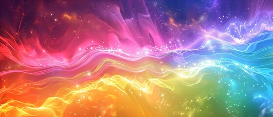 Wall Mural - Radiant Interstellar Symphony Cascading Waves of Neon Rainbow Energy and Enigmatic Celestial Entities