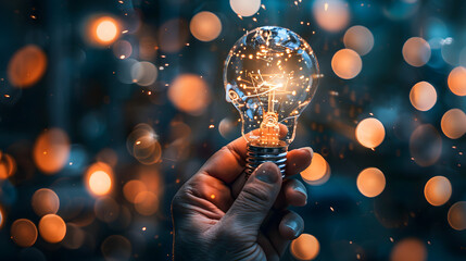 Wall Mural - A hand holding an illuminated light bulb against the background of blurred lights, symbolizing creativity and innovation in technology. 