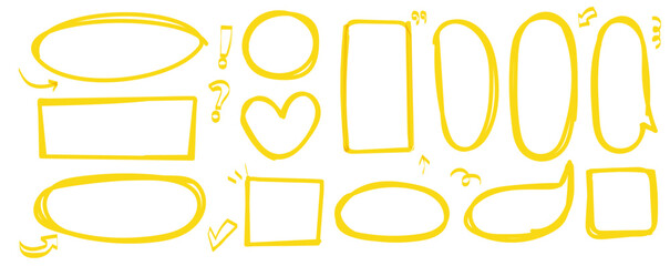 Set of yellow marker highlight. Pen mark line and brush stroke in shape of elipse and heart and speech bubble. Vector underline elements