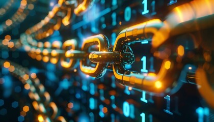 A close-up of a golden chain against a backdrop of binary code, representing the concept of data security and encryption.