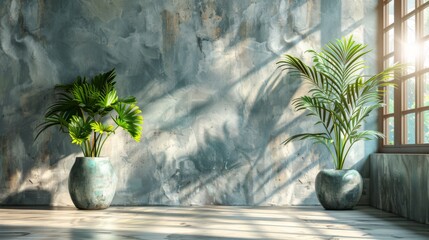 Wall Mural - White empty concrete textured wall and podium stage background, green glass vase with plants, neutral sustainable natural brand product showcase template, mock up with copy space