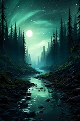 Wall Mural - Fantasy landscape. Mountain river in the forest at night. Vector illustration
