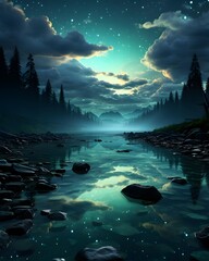 Wall Mural - Fantasy landscape with mountain river and forest at night 3d illustration