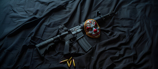 A M4 rifle with clown mask and bullet, laying on black cloth background, top view, high resolution photography, insanely detailed, fine details.
