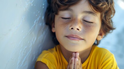 Wall Mural - Young child with closed eyes resting head on hand wearing yellow shirt against white wall with blue background.