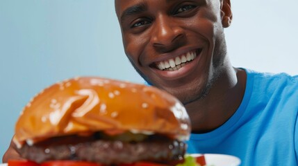 Wall Mural - A man in a blue shirt smiling at a large juicy hamburger with lettuce and tomato on a white plate.