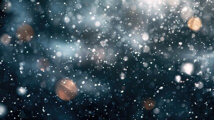 Poster - Snowstorm Texture with Bokeh Lights on Dark Background Photo of Snowflakes Floating in the Air