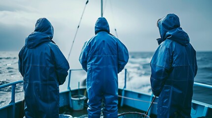 Three people in blue rain gear standing on a boat looking out at the ocean with a cloudy sky and waves in the background.