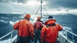 © iuricazac - Three people in orange rain gear on a boat in rough seas with a cloudy sky.