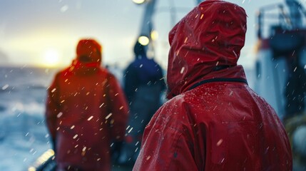 People standing on a boat in the rain wearing red raincoats with the sun setting in the background.