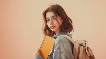 Poster - Young woman with shoulder-length hair holding a yellow book wearing a light blue denim jacket and carrying a beige backpack standing against a soft pink background.