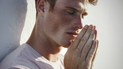 Sticker - A young man with freckles praying with his eyes closed and hands clasped together standing against a textured white wall.