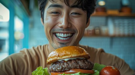 Smiling man holding a large juicy hamburger with lettuce and tomato ready to take a bite.